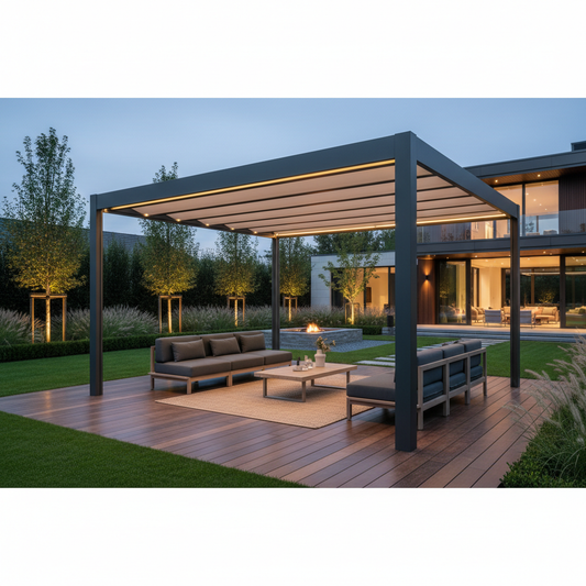 A modern aluminum pergola with partially retracted shade fabric and glowing LED lights on a stylish backyard deck at dusk.