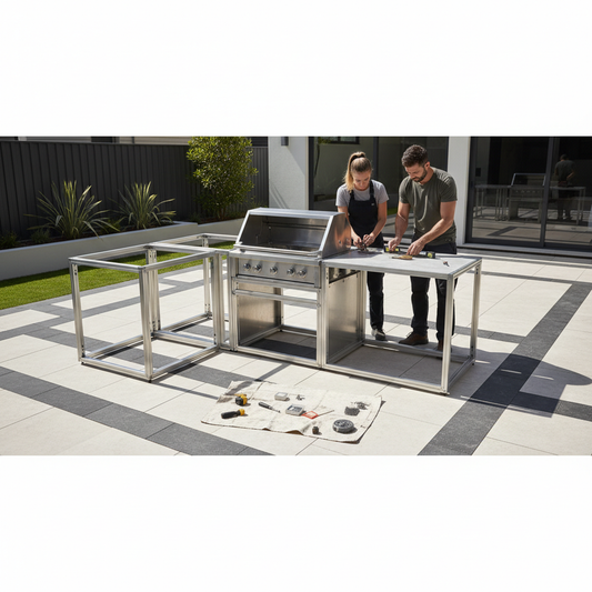 A modern DIY outdoor kitchen with a modular aluminum frame, countertop sections, and appliances being assembled in a clean backyard patio setting.