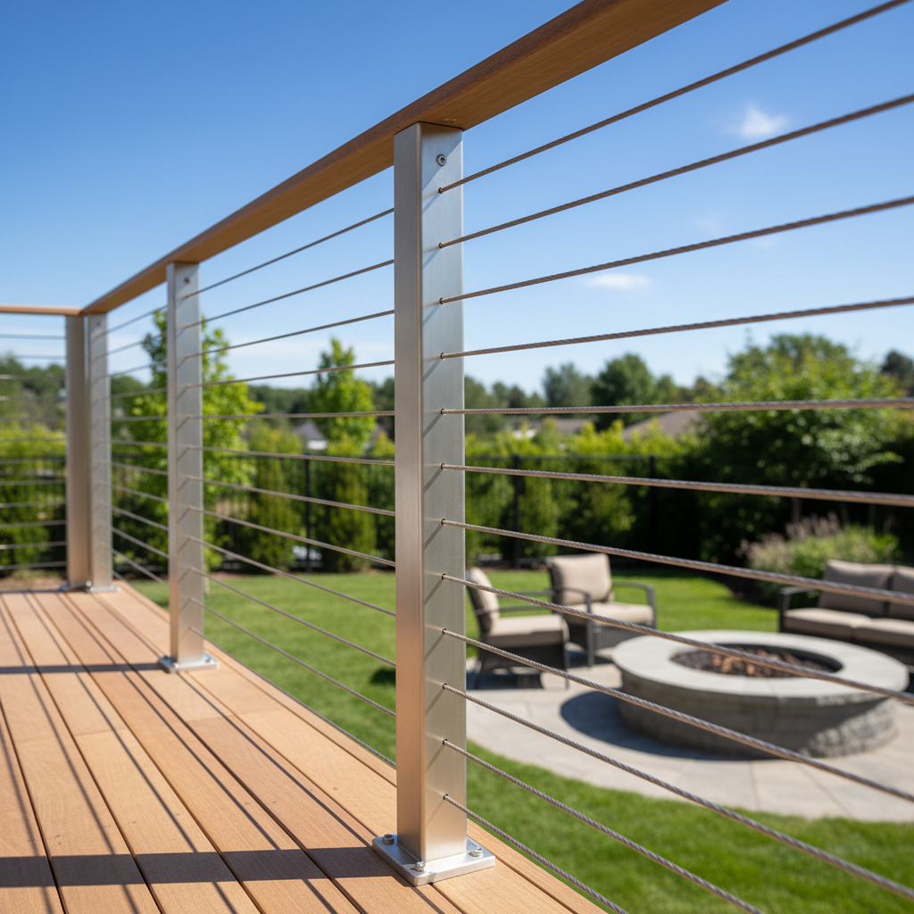 A modern cable railing on a deck with tight, evenly spaced cables and no visible sag in bright sunlight.