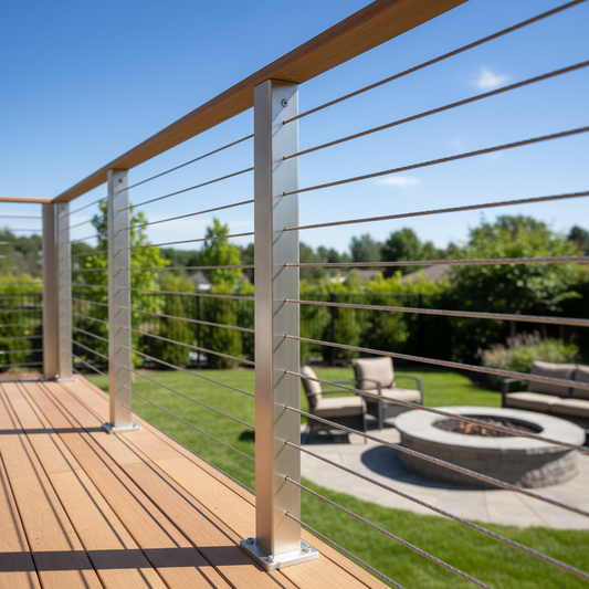 A modern cable railing on a deck with tight, evenly spaced cables and no visible sag in bright sunlight.