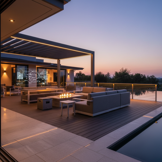 A luxurious modern deck at dusk with glowing smart LED handrail lighting, subtle pergola lighting, and a sleek smart control interface overlay.