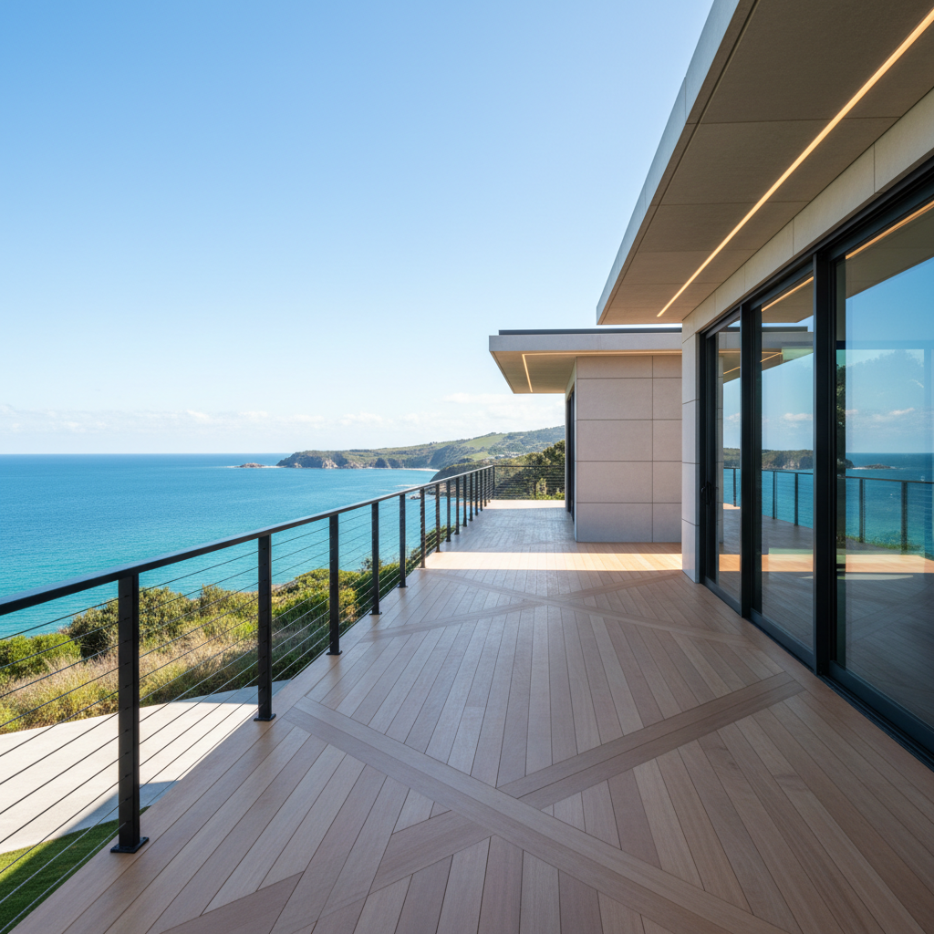 A modern deck with black cable railing overlooking an open ocean or scenic view on a sunny day.