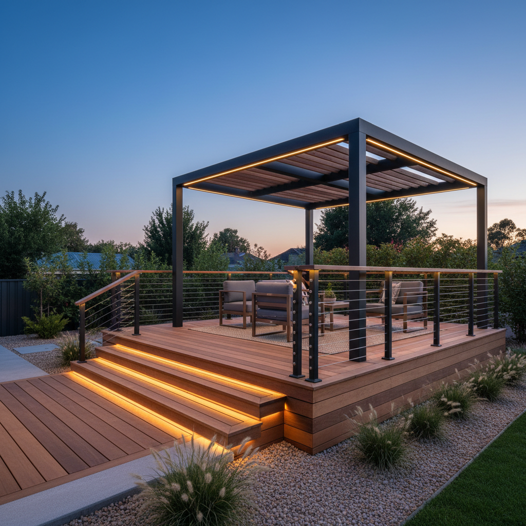 A modern backyard deck at dusk with matte black cable railing, bronze accents, wood elements, a pergola, and warm LED lighting in a minimalist high-end style.