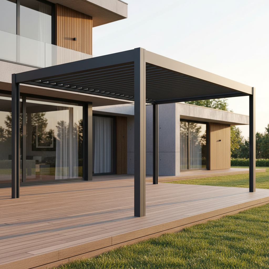 A modern modular aluminum pergola on a contemporary deck at sunset with clean architectural lines.