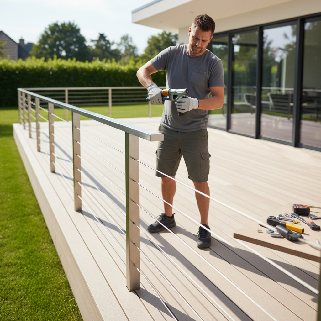 A homeowner uses a hydraulic tool to install a stainless steel cable railing system on a sunny backyard deck.