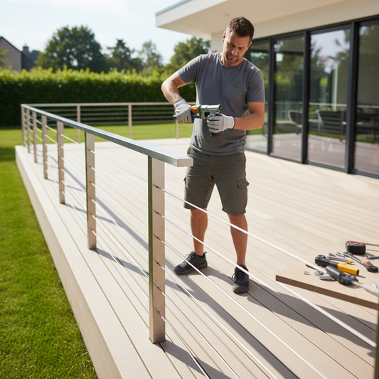 A homeowner uses a hydraulic tool to install a stainless steel cable railing system on a sunny backyard deck.
