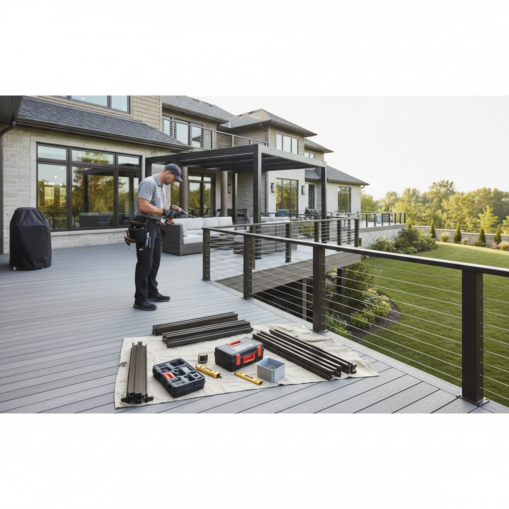 A professional deck contractor installing a modular metal cable railing on a premium residential deck beside an aluminum pergola, with modern tools and a clean efficient worksite.