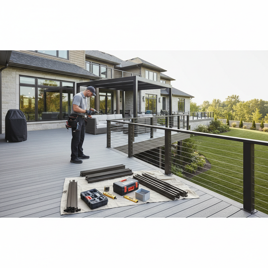 A professional deck contractor installing a modular metal cable railing on a premium residential deck beside an aluminum pergola, with modern tools and a clean efficient worksite.