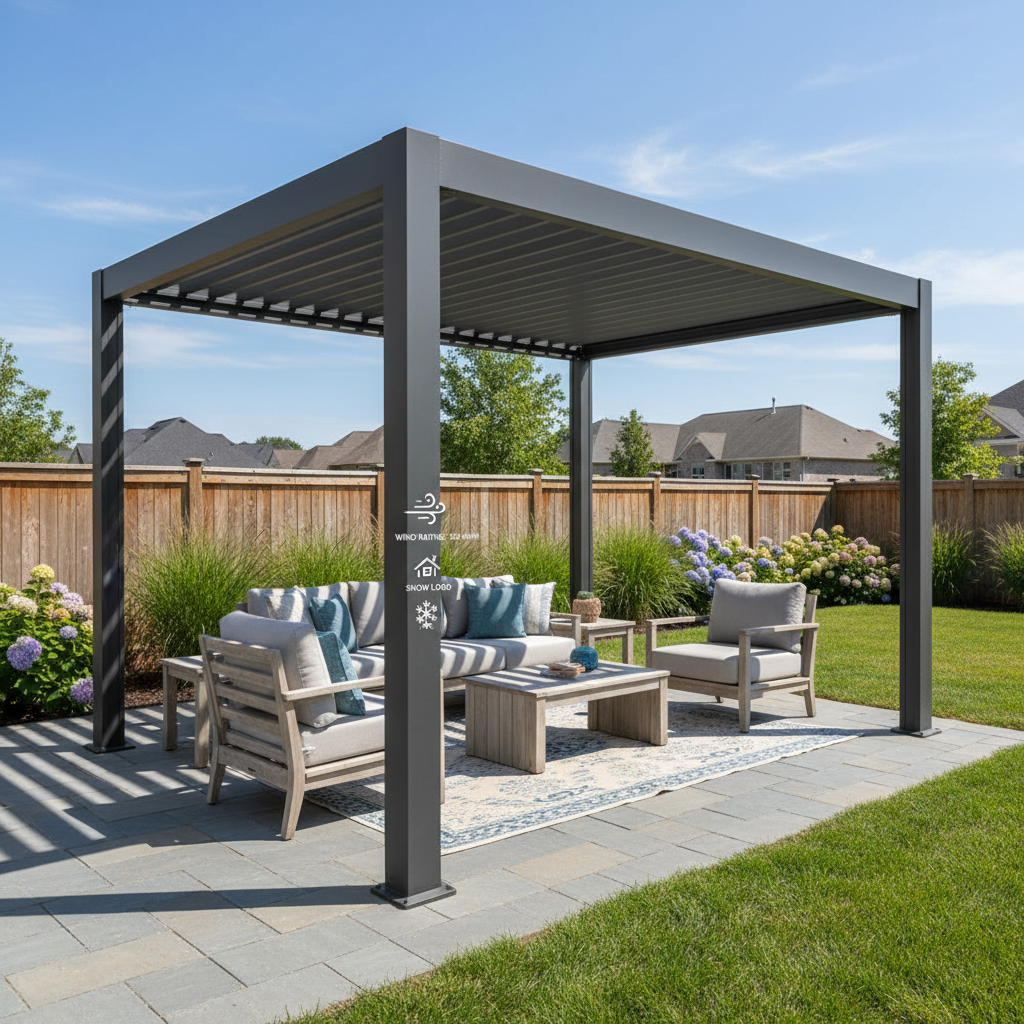 Modern aluminum metal pergola installed in a backyard patio with wind and snow load icons overlay