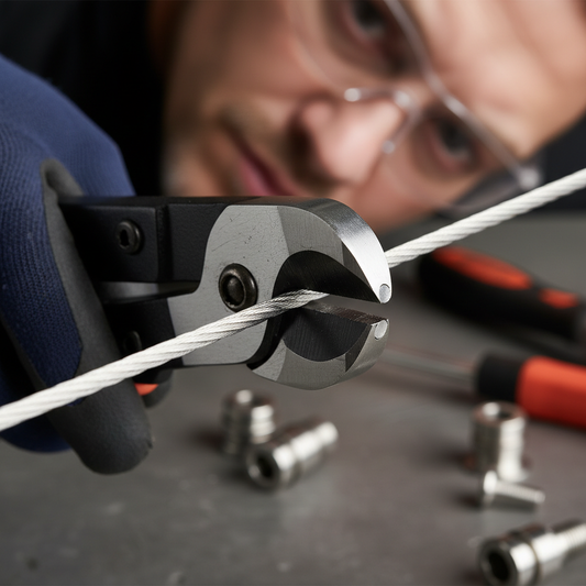 A professional close-up of stainless steel cable being cut cleanly with a cable cutter in a workshop.