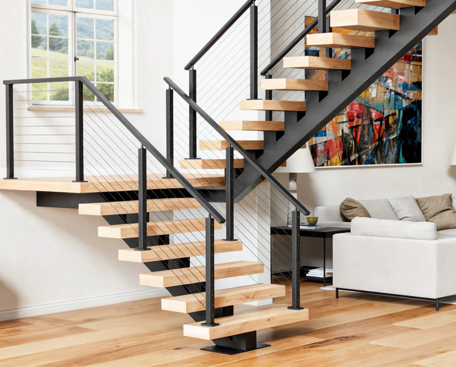 Modern floating stairs with wooden treads and black metal railings in a stylish living room with artwork and sofa.