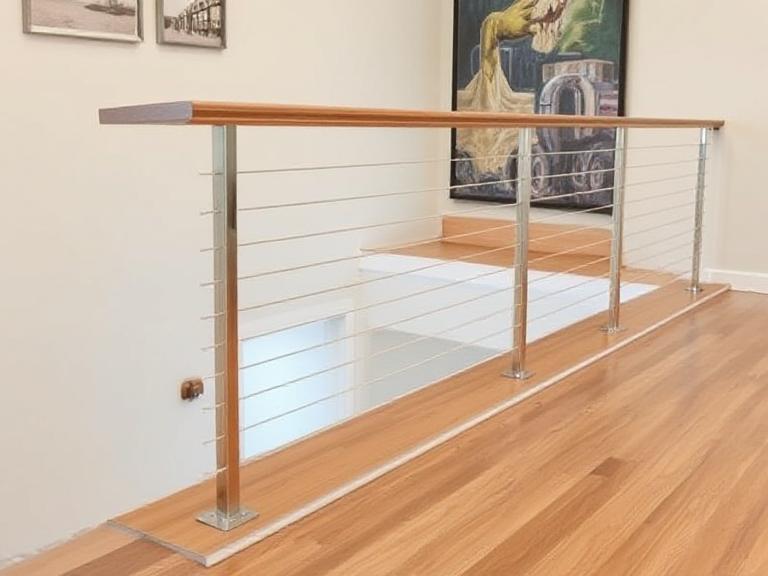 Horizontal cable railing with a wood top rail and stainless steel posts.