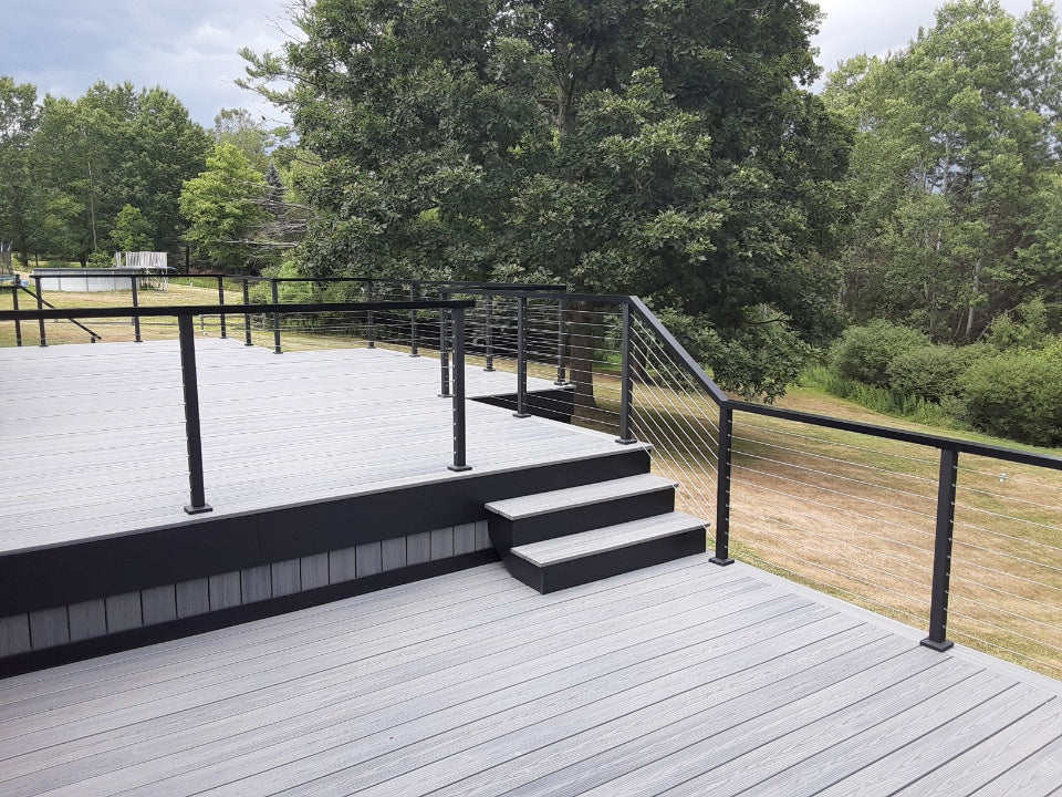 Black cable railing on a modern outdoor deck