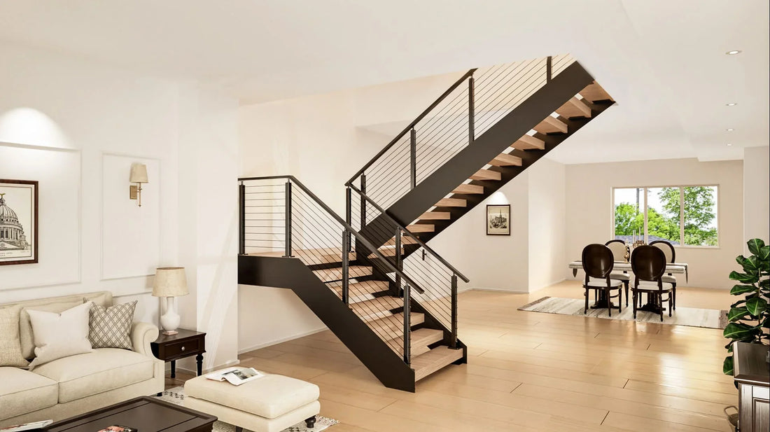 A spacious living room featuring a modern black metal cable railing staircase with wooden steps.