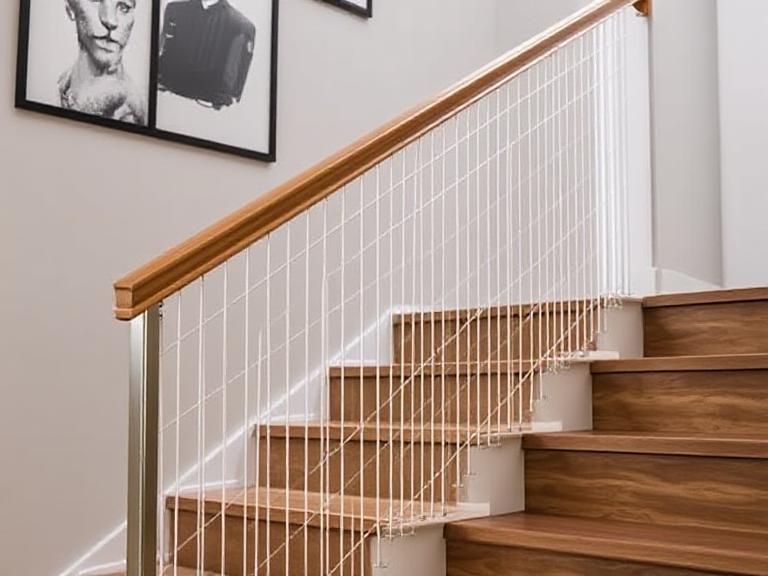 Modern wooden staircase with vertical white cable railing
