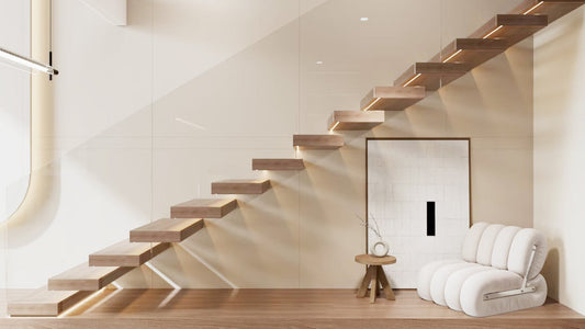 Cantilever wood stair treads projecting from a wall with a glass guard and integrated tread lighting.
