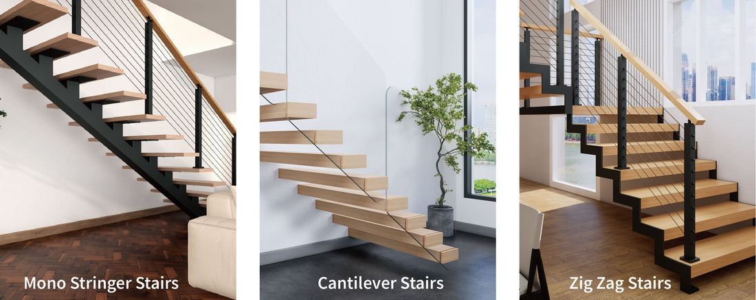 Three modern staircase designs: mono stringer, cantilever, and zig zag stairs.