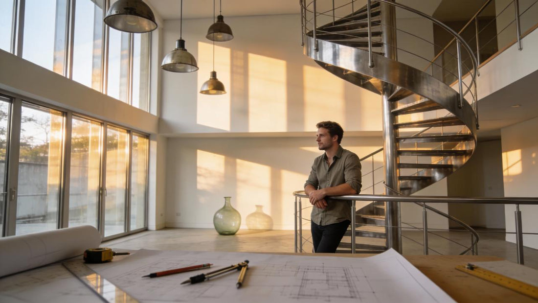 A man standing near a modern spiral staircase in a bright, sunlit architectural studio.