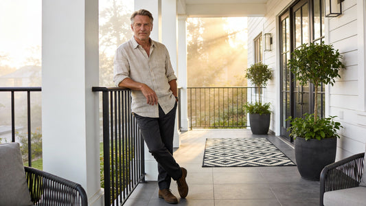 Person leaning on a black metal cable railing on a porch with potted plants and outdoor seating.