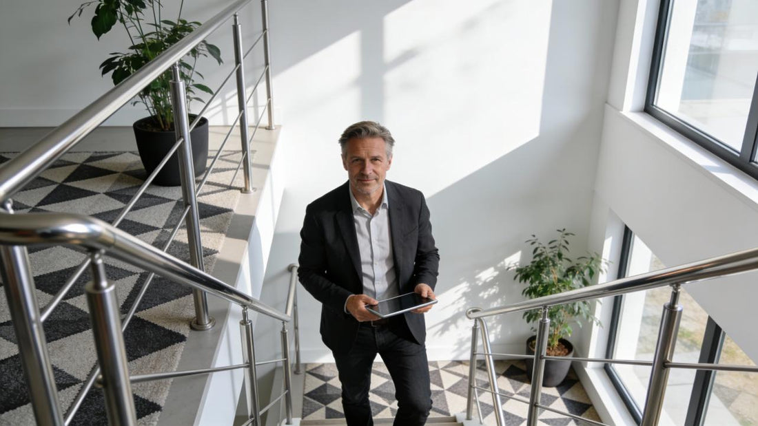 A person in formal attire standing on a staircase, holding a tablet and looking at the railing, with sunlight streaming in through a window.
