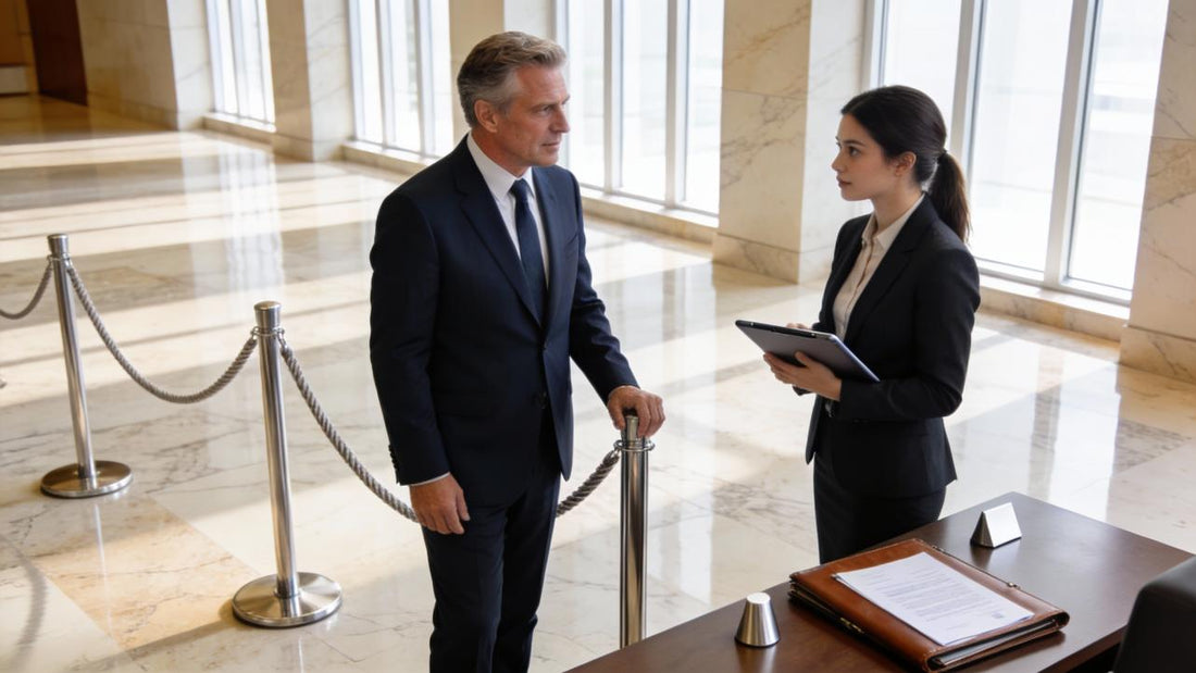 A man in a suit speaking with a woman holding a tablet at a reception desk in a bright, spacious lobby.