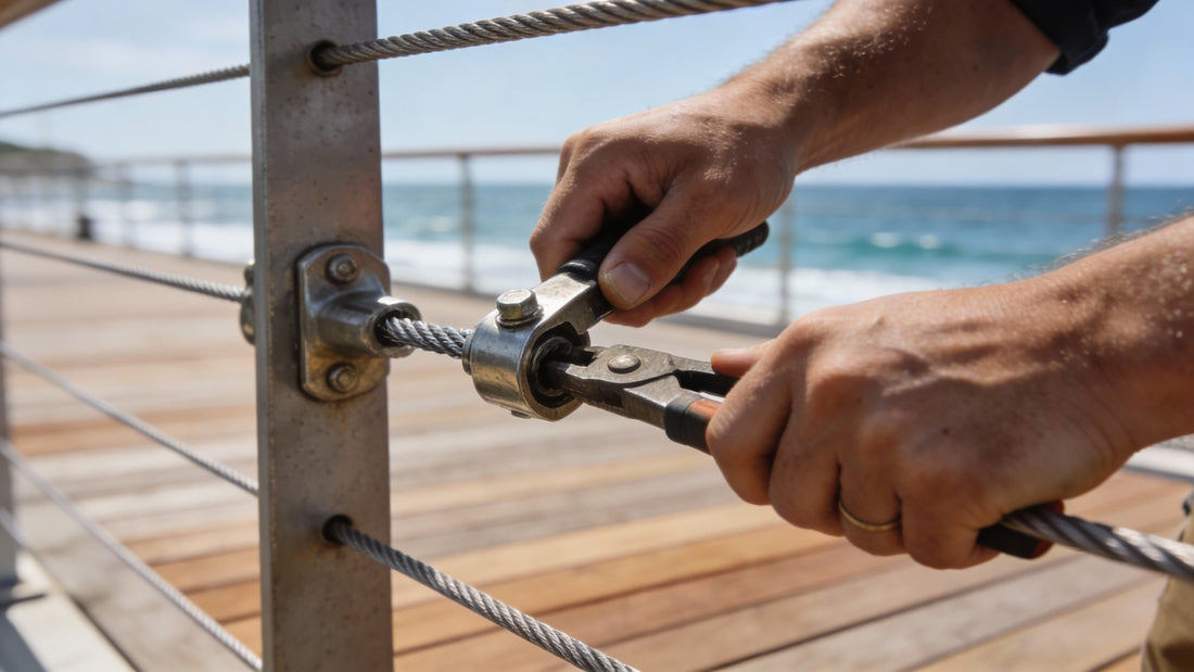 Close-up of hands using tools to install a cable railing on a deck overlooking the ocean.