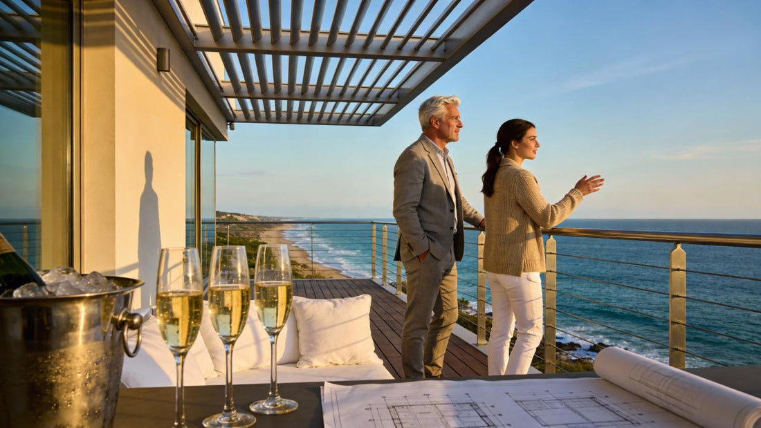 Two people standing on a balcony overlooking the ocean with glasses of champagne and architectural plans on the table.