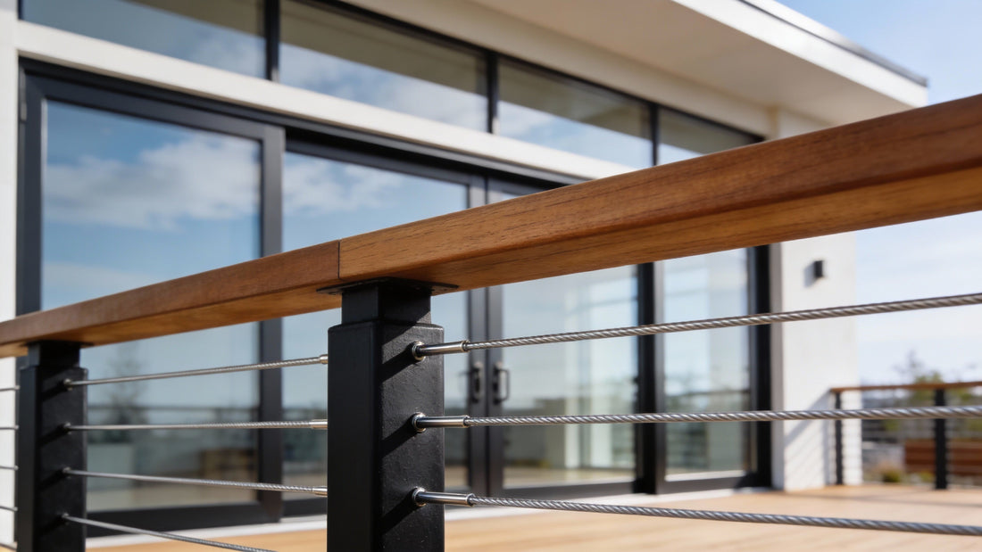 Close-up of cable railing with wooden handrail and black metal posts on a deck.