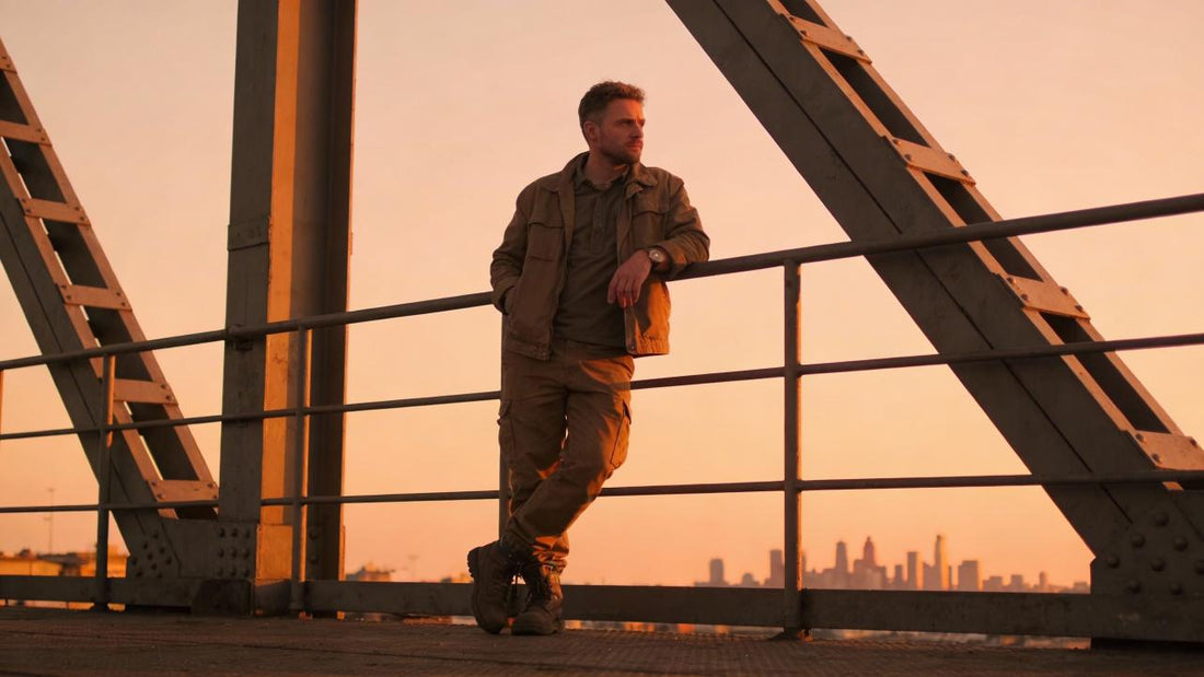 A man leaning against a bridge railing at sunset with a city skyline in the distance.