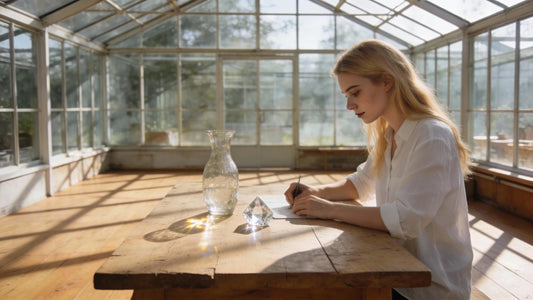 Woman writing at a wooden table inside a bright glass sunroom