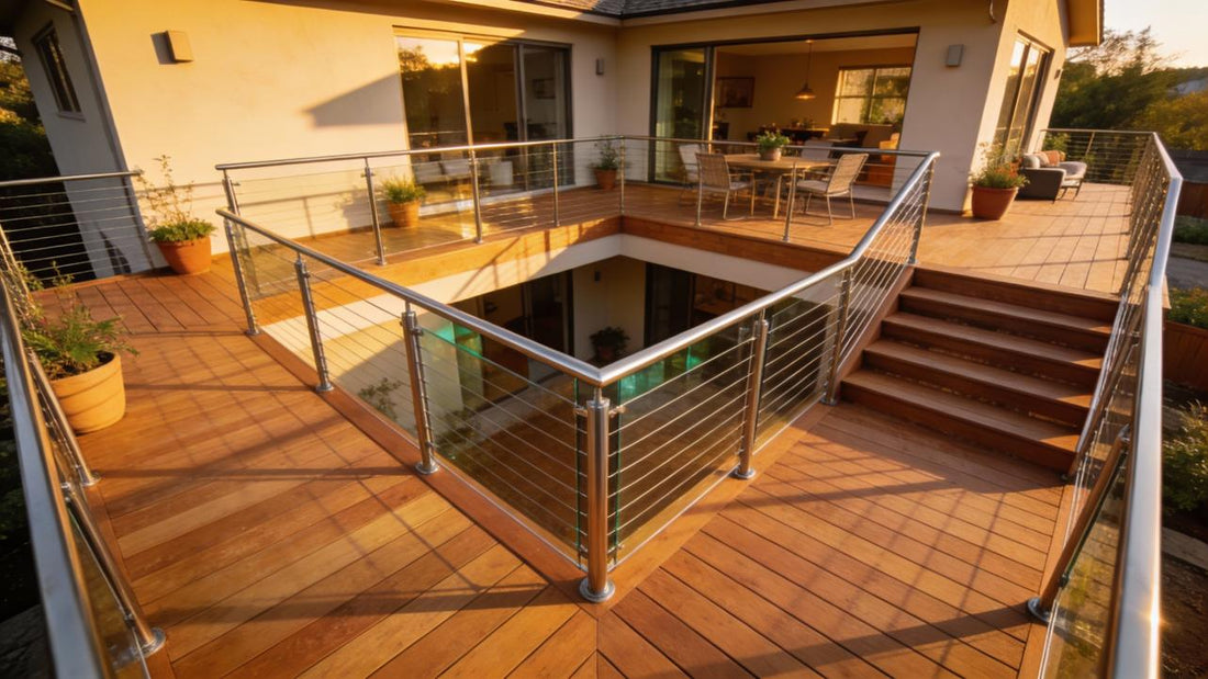 modern rooftop deck with stainless cable railing and stairs