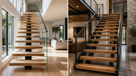 Mono stringer and double stringer floating stair designs in modern homes