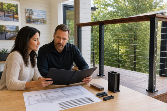Homeowner and railing professional comparing project scope beside an illustrative cable railing installation.