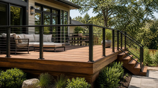 Illustrative 25-foot deck cable railing layout with an outside corner and stair transition.