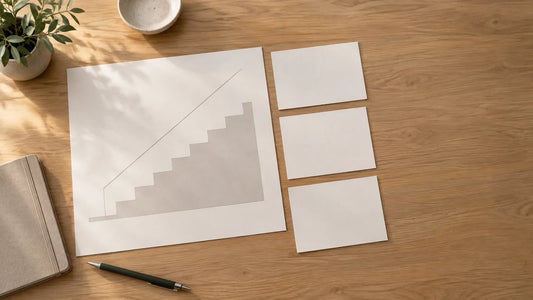Illustrative desk plan with a simple stair silhouette and three blank package-planning cards