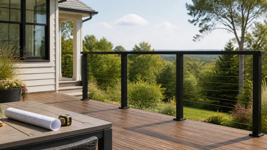Illustrative modern deck with a matte-black horizontal cable railing planned for consistent finish and clean transitions.