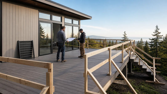 Contractor and homeowner measuring a safely guarded deck before planning cable railings for decks.