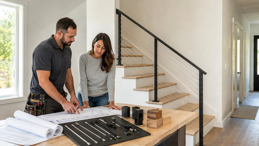 Homeowner and contractor reviewing plans for an interior stair cable railing kit.