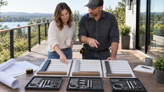 Illustrative homeowner and contractor comparing three generic cable railing system scopes on a guarded deck.