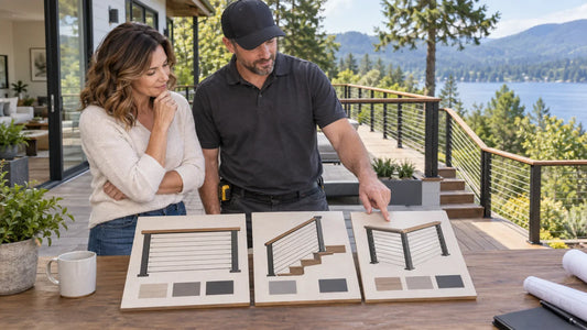Illustrative homeowner and contractor comparing generic cable railing scope options beside a guarded deck.