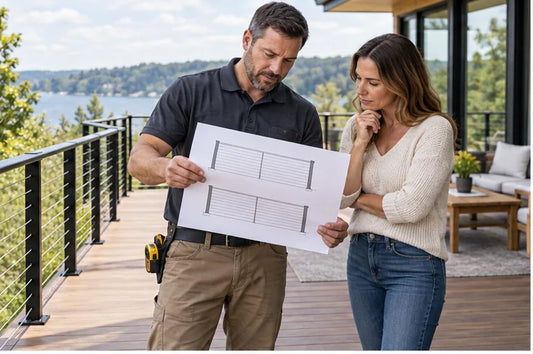 Illustrative contractor and homeowner comparing generic cable railing system scopes beside a completed deck guard.