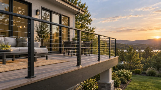 Generated illustration of a finished black cable railing on a residential deck at sunset.