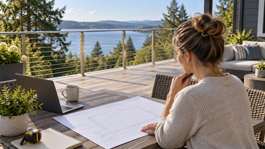 Conceptual illustration of a homeowner planning a generic cable railing layout on a deck.