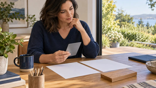 Generated planning scene with a homeowner comparing blank railing documents and neutral material samples at a desk.
