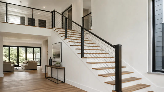 Illustrative contemporary interior cable railing with black posts, horizontal stainless cables, and an upper landing.