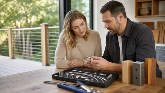 Homeowner and contractor reviewing cable railing parts before purchase.