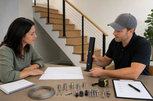 Homeowner and stair contractor comparing generic cable-railing components before ordering a stair kit.