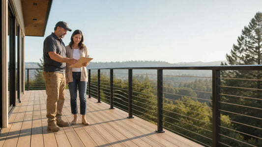 Homeowner and contractor reviewing a generic cable railing system on a finished deck.