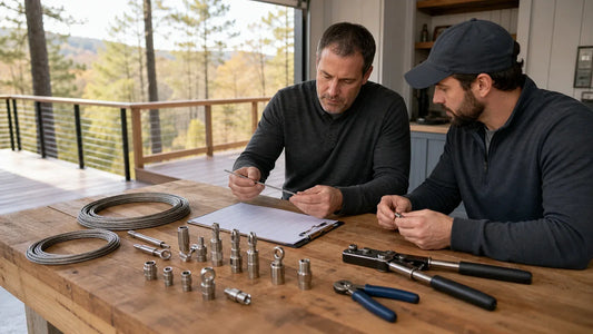 Homeowner and contractor comparing generic cable railing hardware before purchase.