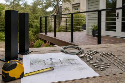 Illustrative planning scene with cable railing fittings, posts, and a tape measure on a worktable.